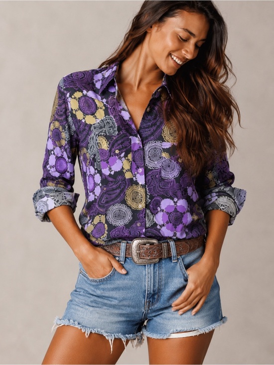 Wrangler Retro Tops - Vintage Y2K Wrangler Purple Paisley Western Snap Shirt | Size Small